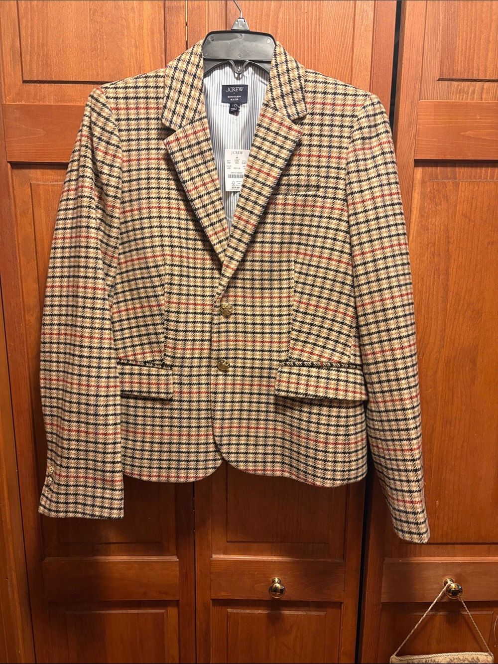 J.Crew tweed, schoolboy blazer tan, black, and brick red